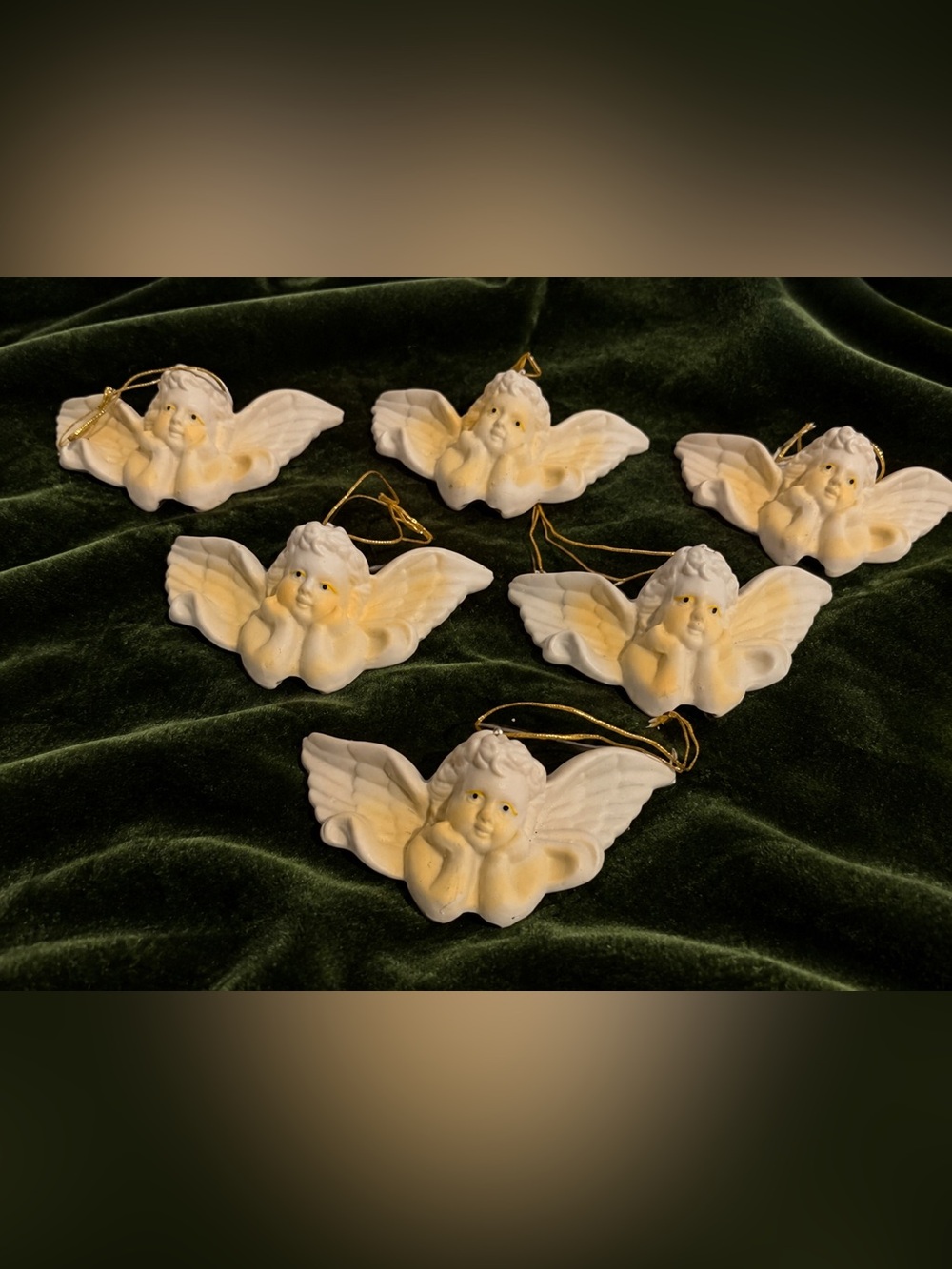 Vtg Celestial Ceramic Angel Cherub Head Christmas Ornaments Matte Bisque Set 6